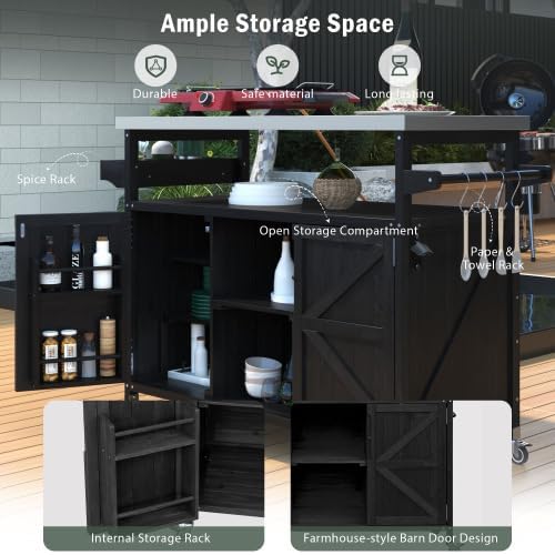 Bellemave Outdoor Kitchen Island with Stainless Steel Top, Rolling Bar Cart & Storage Cabinet, Outdoor Grill Cart with Spice & Towel Rack, Rolling Island Table for Kitchen & BBQ, Black