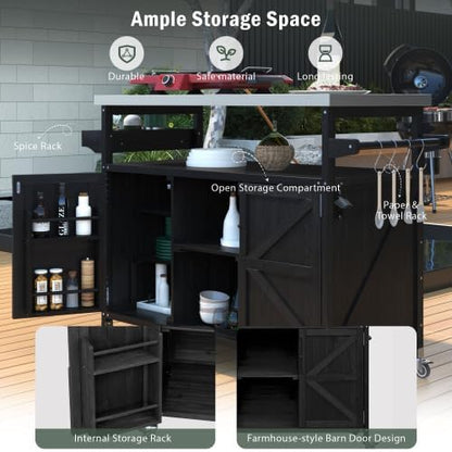 Bellemave Outdoor Kitchen Island with Stainless Steel Top, Rolling Bar Cart & Storage Cabinet, Outdoor Grill Cart with Spice & Towel Rack, Rolling Island Table for Kitchen & BBQ, Black