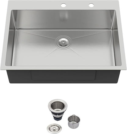 30x22 Drop in Kitchen Sink 30 Inch Stainless Steel Sinks 16 Guage 304 Single Bowl 9'' Deep Sinks with Drain Assembly LMT30229