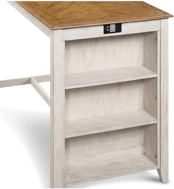 New Classic Furniture Amy Farmhouse Kitchen Counter Island Dining Table for 4 with Storage Shelf & USB Chargers, Beige and Brown
