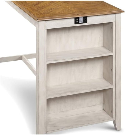 New Classic Furniture Amy Farmhouse Kitchen Counter Island Dining Table for 4 with Storage Shelf & USB Chargers, Beige and Brown