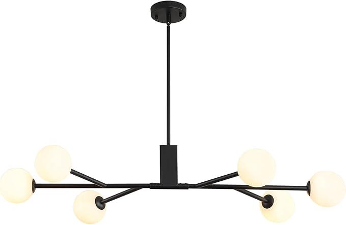 Modern Black Sputnik Island Light, 6-Light Glass Linear Chandelier for Dining Room, 46'' Ceiling Pendant Light Fixture with Globe Lampshade, Large Hanging Lamp Over Table, Bar, G9 Base
