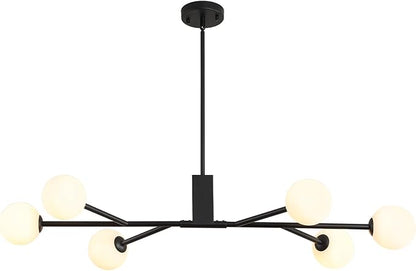 Modern Black Sputnik Island Light, 6-Light Glass Linear Chandelier for Dining Room, 46'' Ceiling Pendant Light Fixture with Globe Lampshade, Large Hanging Lamp Over Table, Bar, G9 Base