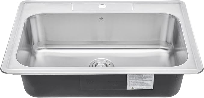 33 x 22 x 9 Inch Top-mount/Drop-in Stainless Steel Single Bowl Kitchen Sink with Strainer and Dishrack - 18 Gauge Stainless Steel-1 Faucet Hole