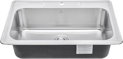 33 x 22 x 9 Inch Top-mount/Drop-in Stainless Steel Single Bowl Kitchen Sink with Strainer and Dishrack - 18 Gauge Stainless Steel-1 Faucet Hole