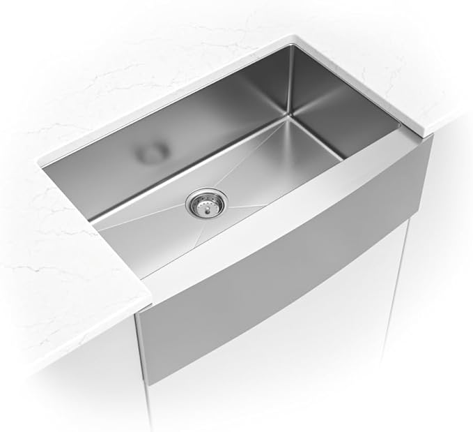 MSI 33 inch Undermount Single Bowl Farmhouse Apron Stainless Steel Kitchen Sink and Strainer, 16 Gauge