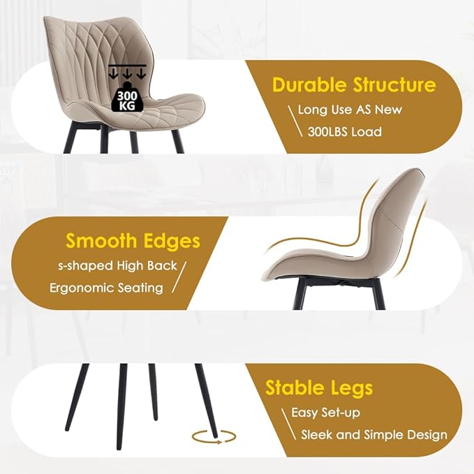 Kidol & Shellder Dining Chairs Set of 2, PU Leather Upholstered Kitchen Chairs with Back Armless, Mid Century Modern Side Chair for Dining Room, Living Room, Lounge, Restaurant, Khaki
