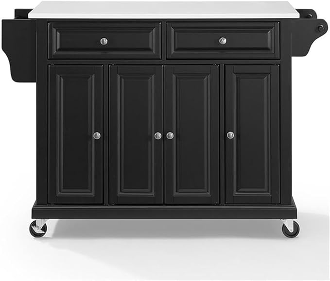 Crosley Furniture Full Size Stone Top Rolling Kitchen Island Storage Cart, Microwave Stand, Spice Rack, Black