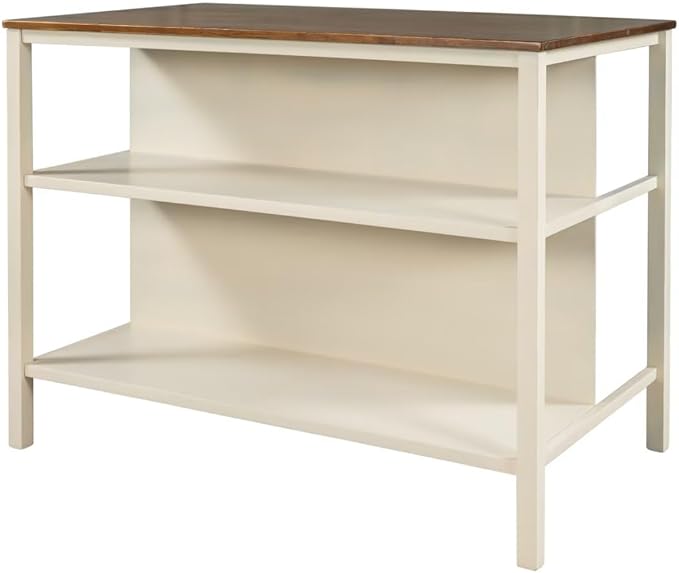 JIJIWANG Solid Wood Rustic 45" Stationary Kitchen Island, Rubber Wood Butcher Block Dining Table Prep Table with 2 Open Shelves for Small Places,Walnut+Cream White