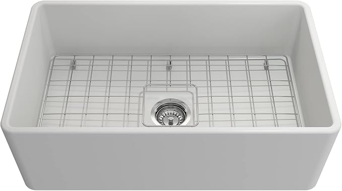 BOCCHI Classico Farmhouse Apron Front Fireclay 30 in. Single Bowl Kitchen Sink with Protective Bottom Grid and Strainer in Matte White