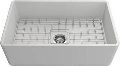 BOCCHI Classico Farmhouse Apron Front Fireclay 30 in. Single Bowl Kitchen Sink with Protective Bottom Grid and Strainer in Matte White