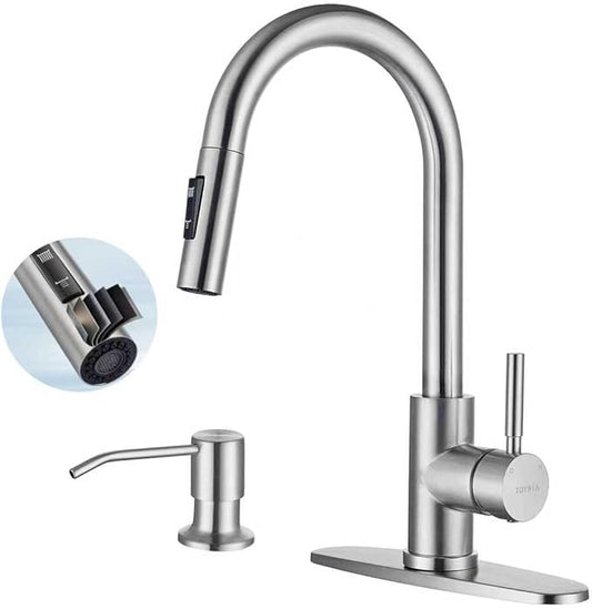 Kitchen Faucets with Soap Dispenser, Brushed Nickel Single Handle High Arc Stainless Steel Sink Faucet with Pull Down Sprayer, 1 or 3 Hole Deck Plate Mount for Bar, RV, Laundry, Outdoor