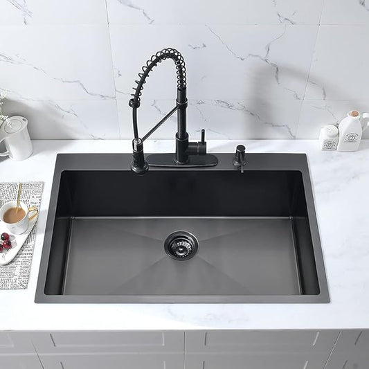 33-Inch Black Stainless Steel Drop-In Kitchen Sink - 33x22 Topmount Single Bowl With Dish Grid & Roll Up Rack - 16 Gauge Deep Matte Black