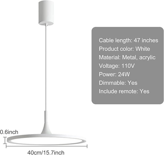 JAYMP Dining Room Modern Pendant Lighting Dimmable LED Disk Light Adjustable Height Kitchen Island Hanging Light Fixture (White, Dia 15.7 inch)