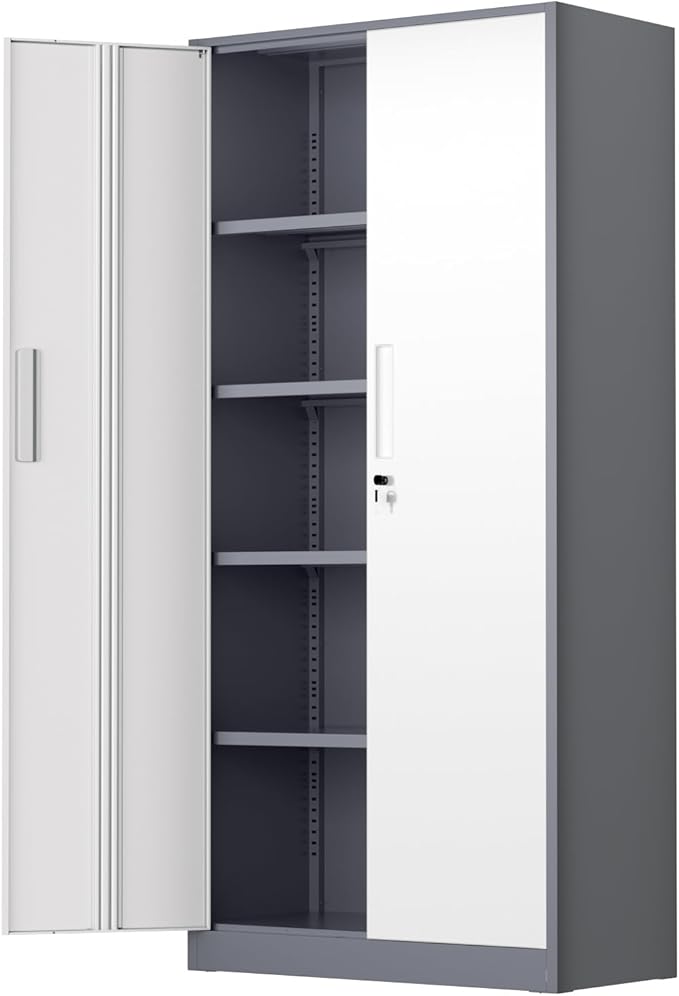 INTERGREAT Metal Storage Cabinet, 72" Locking Steel Cabinets with 2 Door and 4 Adjustable Shelves, Tall Metal Cabinet for Home Office, Garage, Warehouse,(New Grey)