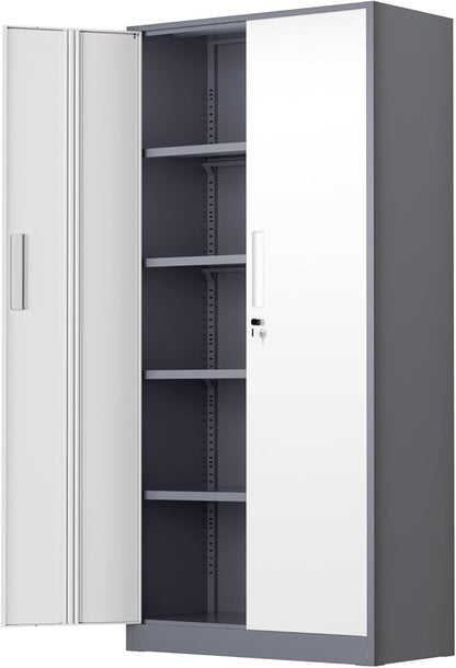 INTERGREAT Metal Storage Cabinet, 72" Locking Steel Cabinets with 2 Door and 4 Adjustable Shelves, Tall Metal Cabinet for Home Office, Garage, Warehouse,(New Grey)