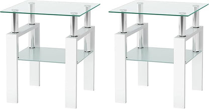 IANIYA 2PCS Modern Glass End Table, 2-Tier Side Table with Tempered Glass Top & Metal Legs, Night Stand Corner Table for Living Room, Bedroom, White