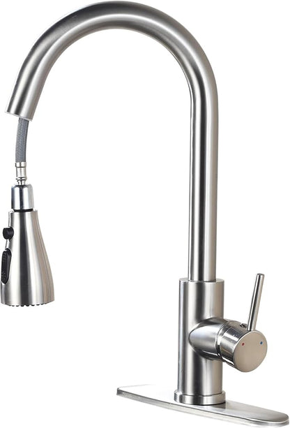 Kitchen Faucet with Pull Down Sprayer，Brushed Nickel, Kitchen Sink Faucet，High Arc Single Handle Classic Stainless Steel Sink Faucet，1 or 3 Hole,Suitable for Farmhouse Camper Laundry Rv Bar