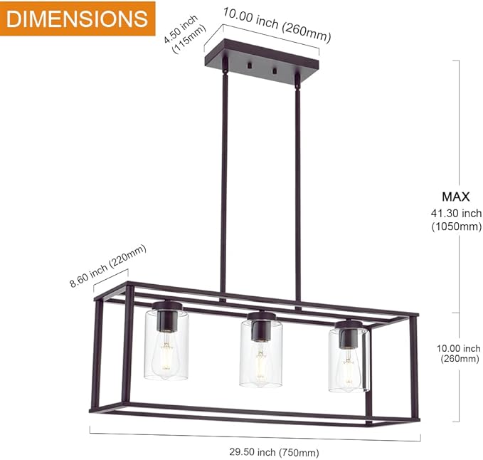 VINLUZ 3-Light Industrial Metal Large Pendant Lighting Oil Rubbed Bronze Modern Linear Chandelier with Clear Glass Shades Farmhouse Rustic Ceiling Light Fixtures Hanging for Dining Room Kitchen Island