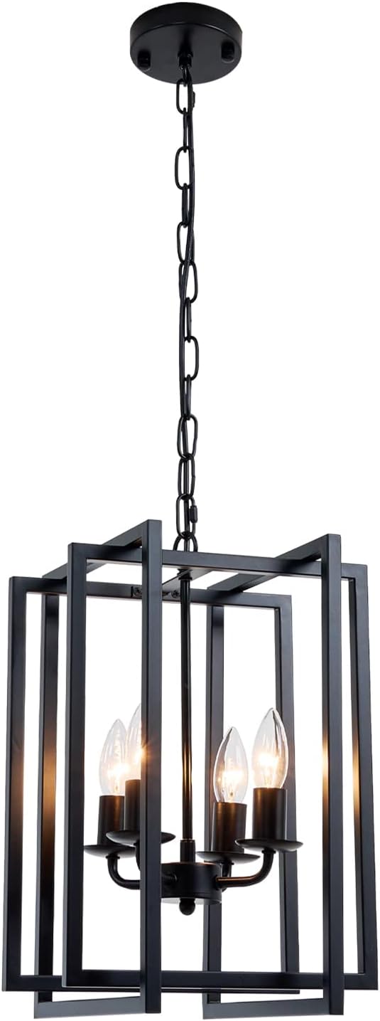 Farmhouse Lantern Chandelier Light Fixture Black, 4-Light Rustic Industrial Pendant Lighting, Adjustable Height Modern Square Cage Hanging Lights for Hallway Kitchen Island Living Room Bedroom