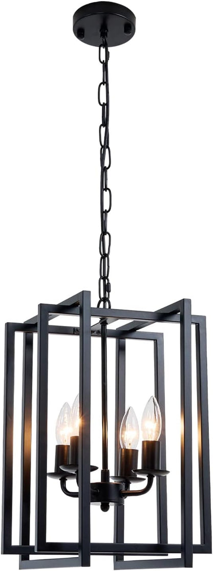 Farmhouse Lantern Chandelier Light Fixture Black, 4-Light Rustic Industrial Pendant Lighting, Adjustable Height Modern Square Cage Hanging Lights for Hallway Kitchen Island Living Room Bedroom