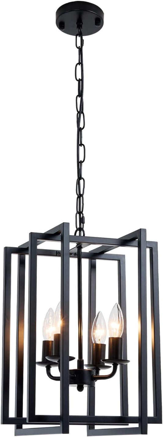 Farmhouse Lantern Chandelier Light Fixture Black, 4-Light Rustic Industrial Pendant Lighting, Adjustable Height Modern Square Cage Hanging Lights for Hallway Kitchen Island Living Room Bedroom