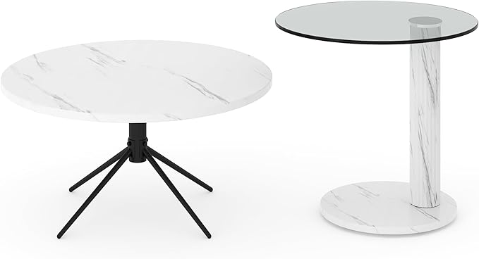 Hooseng Set of 2 Round Coffee Tables, Faux Marble Top and Modern Tempered Transparent Glass Top,Perfect for Living Room,Cafe,Home,and Office(Coffee Table+Side Table)