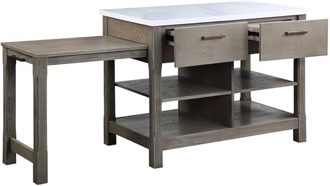 Acme Feivel Kitchen Island with Pull Out Table in Marble Top and Rustic Oak