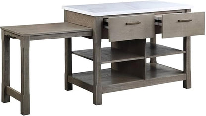 Acme Feivel Kitchen Island with Pull Out Table in Marble Top and Rustic Oak