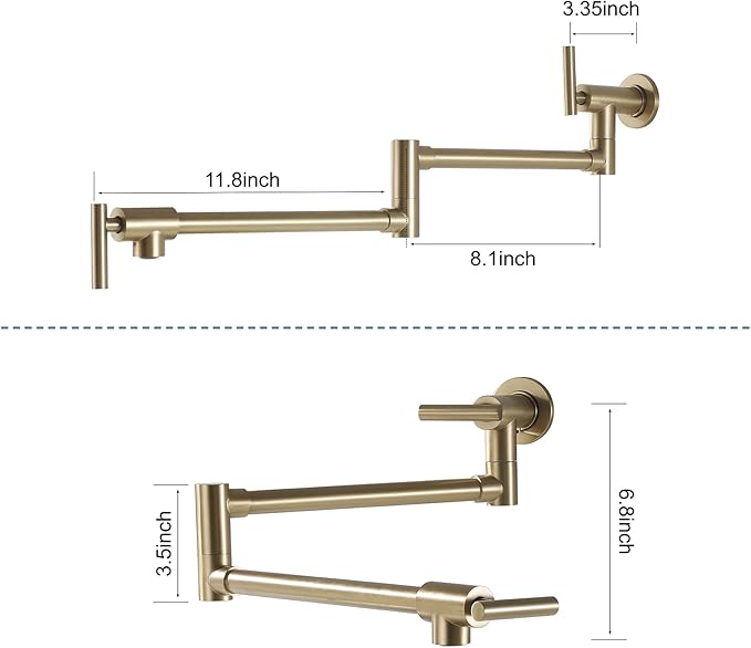 Wall Mount Pot Filler Faucet for Kitchen Upside Down Pot Filler Kitchen Folding Faucet with Dual Stretchable Double Joint Swing Arms, Brushed Gold