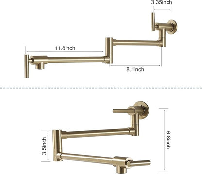 Wall Mount Pot Filler Faucet for Kitchen Upside Down Pot Filler Kitchen Folding Faucet with Dual Stretchable Double Joint Swing Arms, Brushed Gold