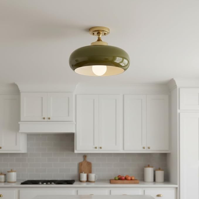 Mid Century Modern Ceiling Light, Dark Green Semi Flush Mount Fixture with Glass Shade, Vintage Chandelier for Hallway Entryway Bathroom Foyer Closet Kitchen