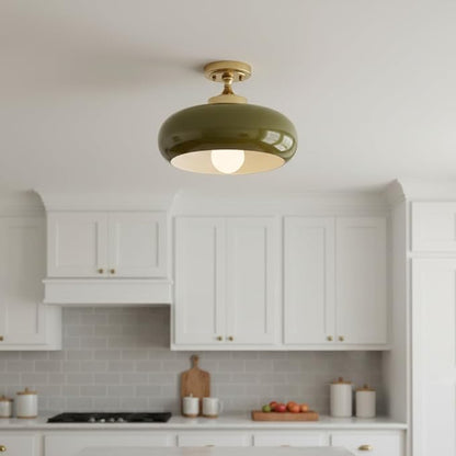Mid Century Modern Ceiling Light, Dark Green Semi Flush Mount Fixture with Glass Shade, Vintage Chandelier for Hallway Entryway Bathroom Foyer Closet Kitchen