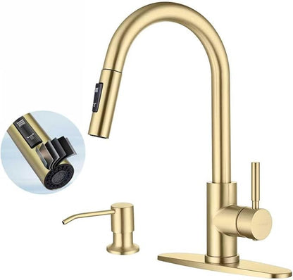 Gold Kitchen Faucets with Soap Dispenser, Single Handle High Arc Stainless Steel Sink Faucet with Pull Down Sprayer, 1 or 3 Hole Deck Plate Mount for Bar, RV, Laundry, Outdoor