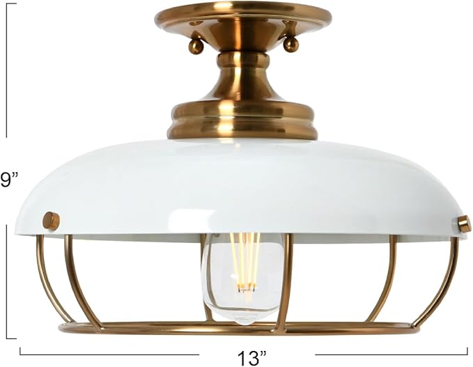 Presley Caged Dome Metal Semi-Flush Mount Ceiling Light, Brushed Brass and White