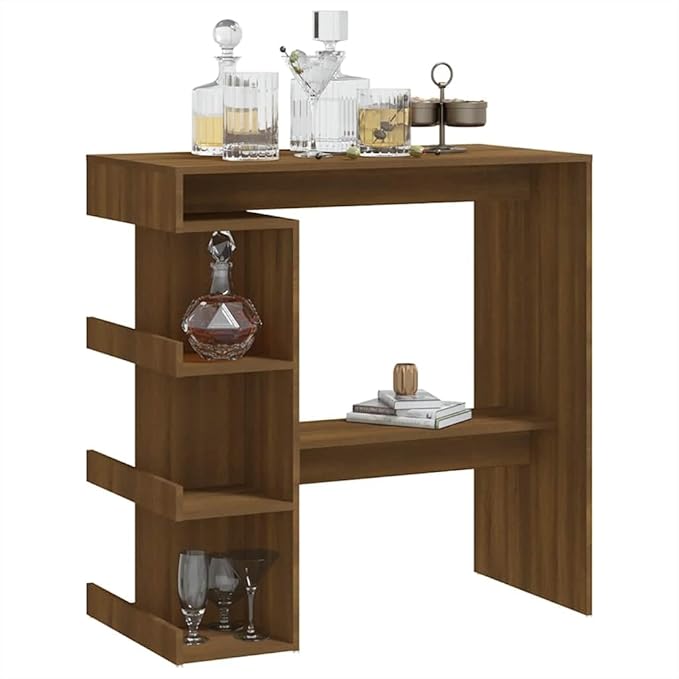Brown Oak Engineered Wood Bar Table with Storage Rack, 3 Shelves for Kitchen Dining Room Living Room, Modern Multi-Functional Furniture for Home Bar and Casual Meals, Sleek