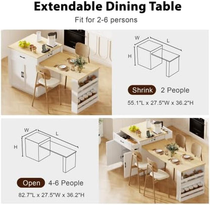Kitchen Island with Extendable Dining, 82.7" Mobile Kitchen Storage Islands with Double-sized Storage, Rolling Kitchen Cart with Power Outlet, Cabinet & 2 Drawers & 2 Side Open Shelves (White)