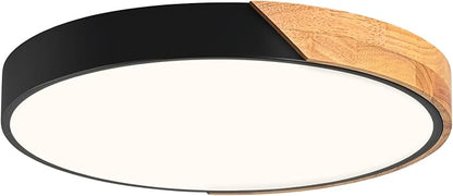 Modern Dimmable Black LED Ceiling Light, 2700 K - 6000 K 5CCT Wood Flush Mount Ceiling Lighting Fixtures, Minimalist Round Ceiling Lamp for Living Room Bedroom Kitchen Hallway（15.8in）