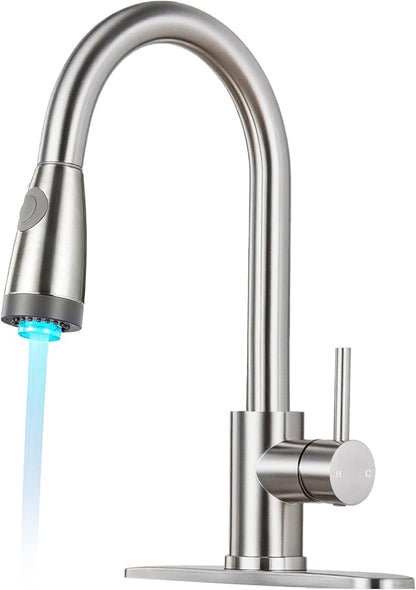 LED Kitchen Faucet with Pull Down Sprayer - Brushed Nickel Single Handle Kitchen Faucets, High Arc Stainless Steel Pull Out Kitchen Sink Faucet with Deck for RV Laundry Farmhouse Bar