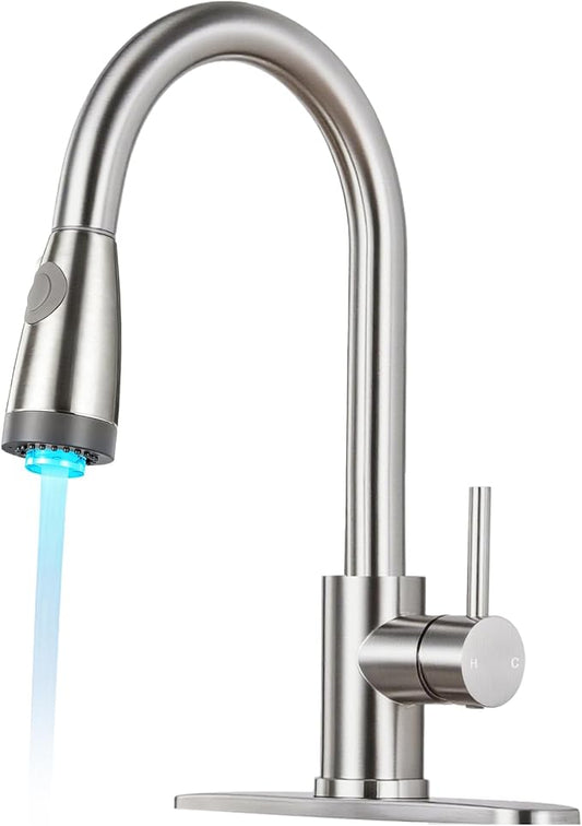 LED Kitchen Faucet with Pull Down Sprayer - Brushed Nickel Single Handle Kitchen Faucets, High Arc Stainless Steel Pull Out Kitchen Sink Faucet with Deck for RV Laundry Farmhouse Bar