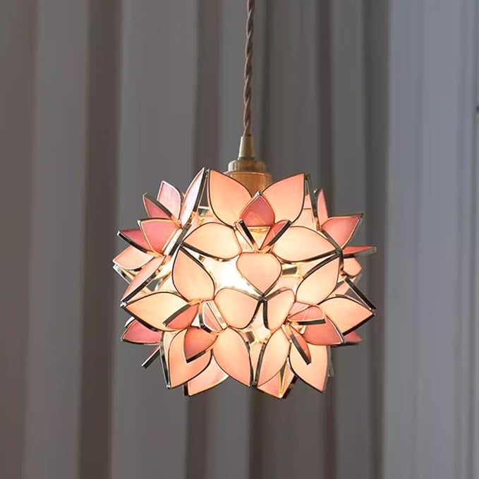 Glass Flower Pendant Light Petals Tiffany Style Stained Glass Ceiling Pendant Light with Pink Lampshade
