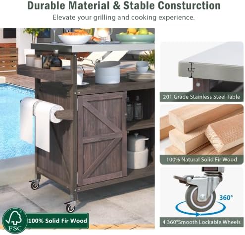 Bellemave Outdoor Kitchen Island with Stainless Steel Top, Rolling Bar Cart & Storage Cabinet, Outdoor Grill Cart with Spice & Towel Rack, Rolling Island Table for Kitchen & BBQ, Dark Brown
