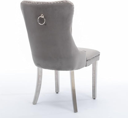 Ball & Cast Contemporary Upholstered Dining Chairs Set of 2, Velvet Button Tufted Kitchen Side-Chairs with Hang Ring & Nailhead Trims & Chrome Solid Wood Legs, 2-Piece Traditional Chair, Chrome+Gray