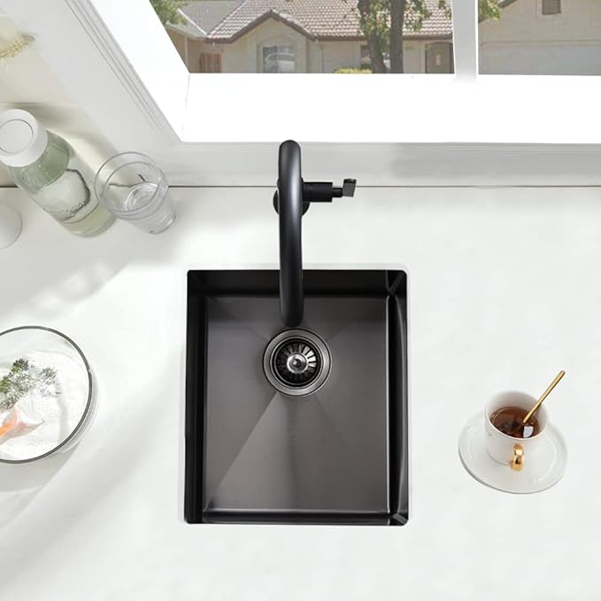 Black Undermount Bar Sink, 15 x 17 inch Undermount Kitchen Sink Small Wet Bar 16 Gauge Stainless Steel Single Bowl for Outdoor RV