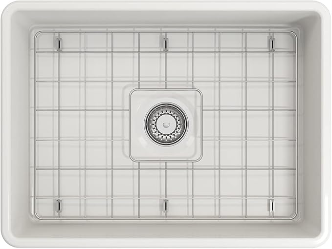 BOCCHI Classico White Apron Front Fireclay 24 in. Single Bowl Kitchen Sink with Protective Bottom Grid, Strainer, and Chrome Faucet