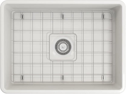BOCCHI Classico White Apron Front Fireclay 24 in. Single Bowl Kitchen Sink with Protective Bottom Grid, Strainer, and Chrome Faucet