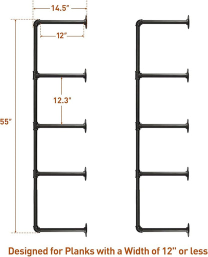 HITOMEN Industrial Iron Pipe Shelves, 2 Set 5-Tier, 55" Tall, 12" Depth, DIY Open Bookshelf Bookcase, Wall Mounted Vintage Retro Shelving, Rustic Farmhouse Pantry Kitchen Storage, Black Shelf Brackets