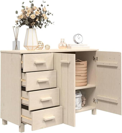 Honey Brown Pine Sideboard Buffet Cabinet 44.5" Wide 4-Drawer 2-Door Wine Bar Liquor Storage for Dining Room Living Room Entryway