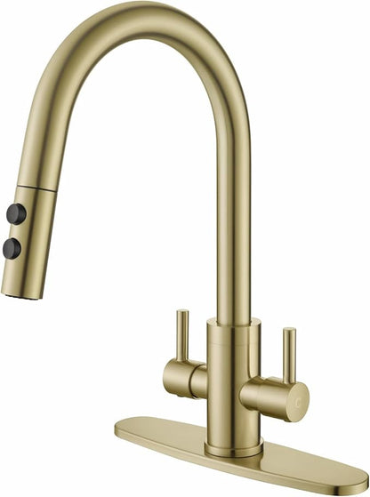 Kitchen Sink Faucet, 2 Handles Pull Down with Sprayer, Brushed Gold, PB1056