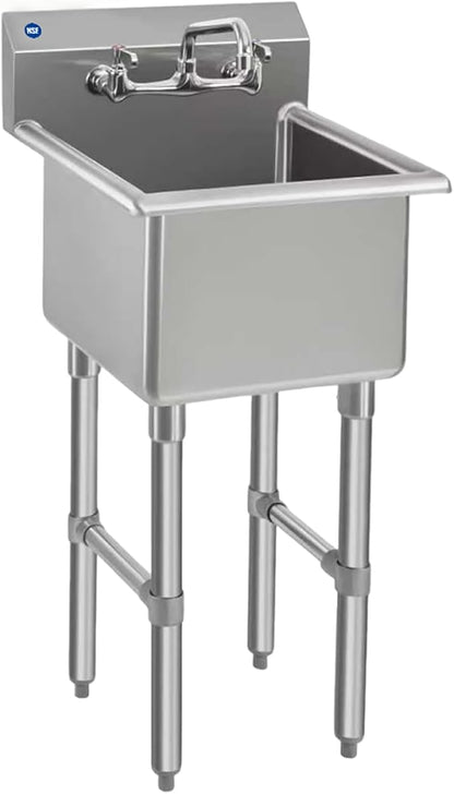 ROCKPOINT Stainless Steel Prep & Utility Sink with 8" Faucet, 1 Compartment Commercial Handmade Sink with 15" D x 15" W x 12" H Bowl for Restaurant,Kitchen,Laundry,Hotel and Home